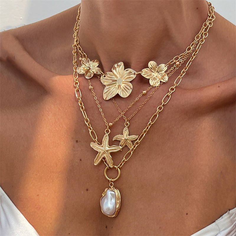 Starfish, shell, conch pendant, pearl, a versatile summer accessory for women with multiple layers