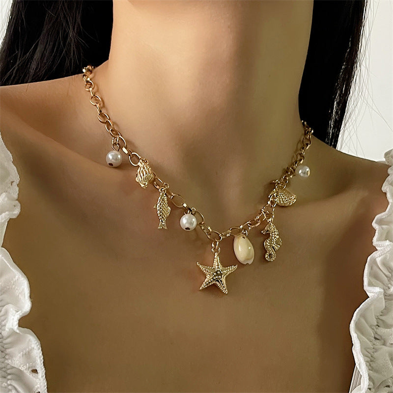 Starfish, shell, conch pendant, pearl, a versatile summer accessory for women with multiple layers